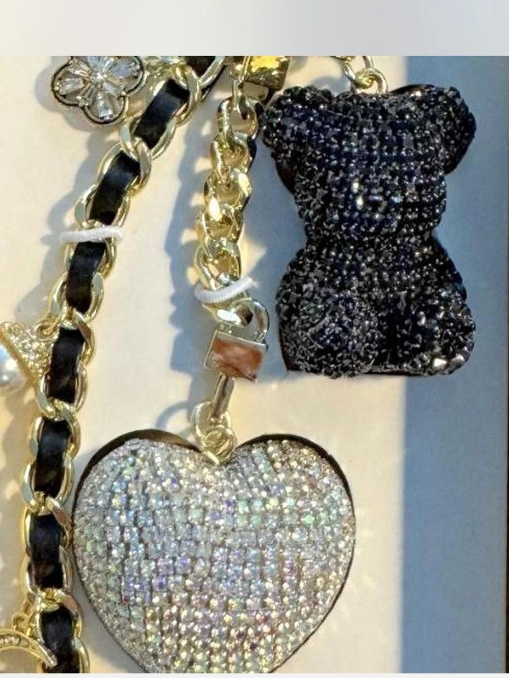 Eye Candy LA Gold Rhinestone Bear & AB Heart Handbag Charm New
